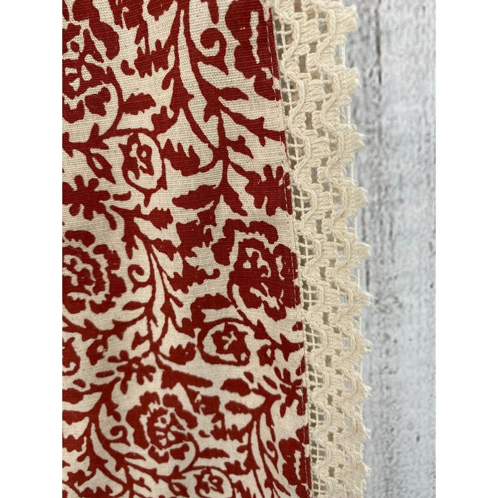 Haymarket Square Table Runner 16x80 Red Cream Floral Cotton Linen Crochet Lace